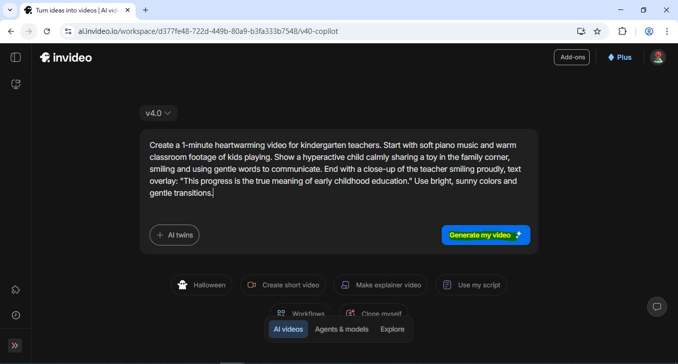 在 InVideo 輸入提示詞的介面